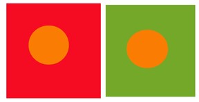 A color subtraction example where the same orange hue appears more yellow against a red background